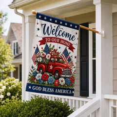 God Bless America Welcome Home Red Truck Flag