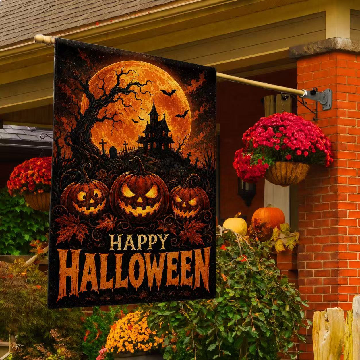 Happy Halloween Jack-o’-Lantern Haunted House Full Moon Garden Flag