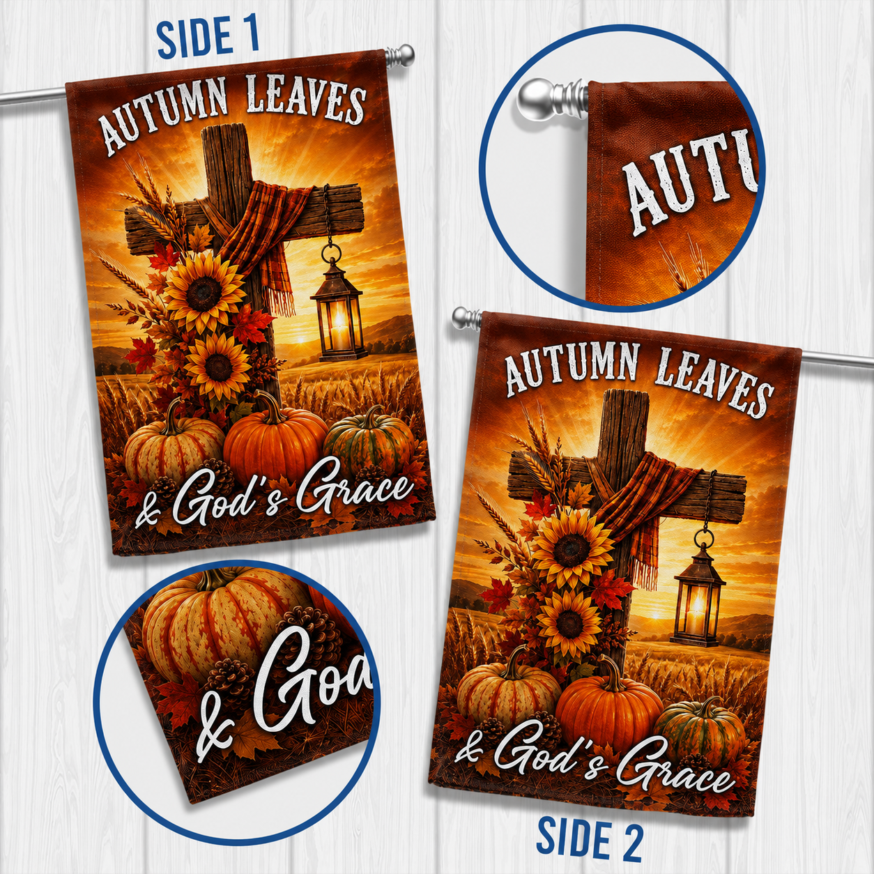Fall Thanksgiving Christian Cross Flag Autumn Leaves & God’s Grace Pumpkins Harvest Flag