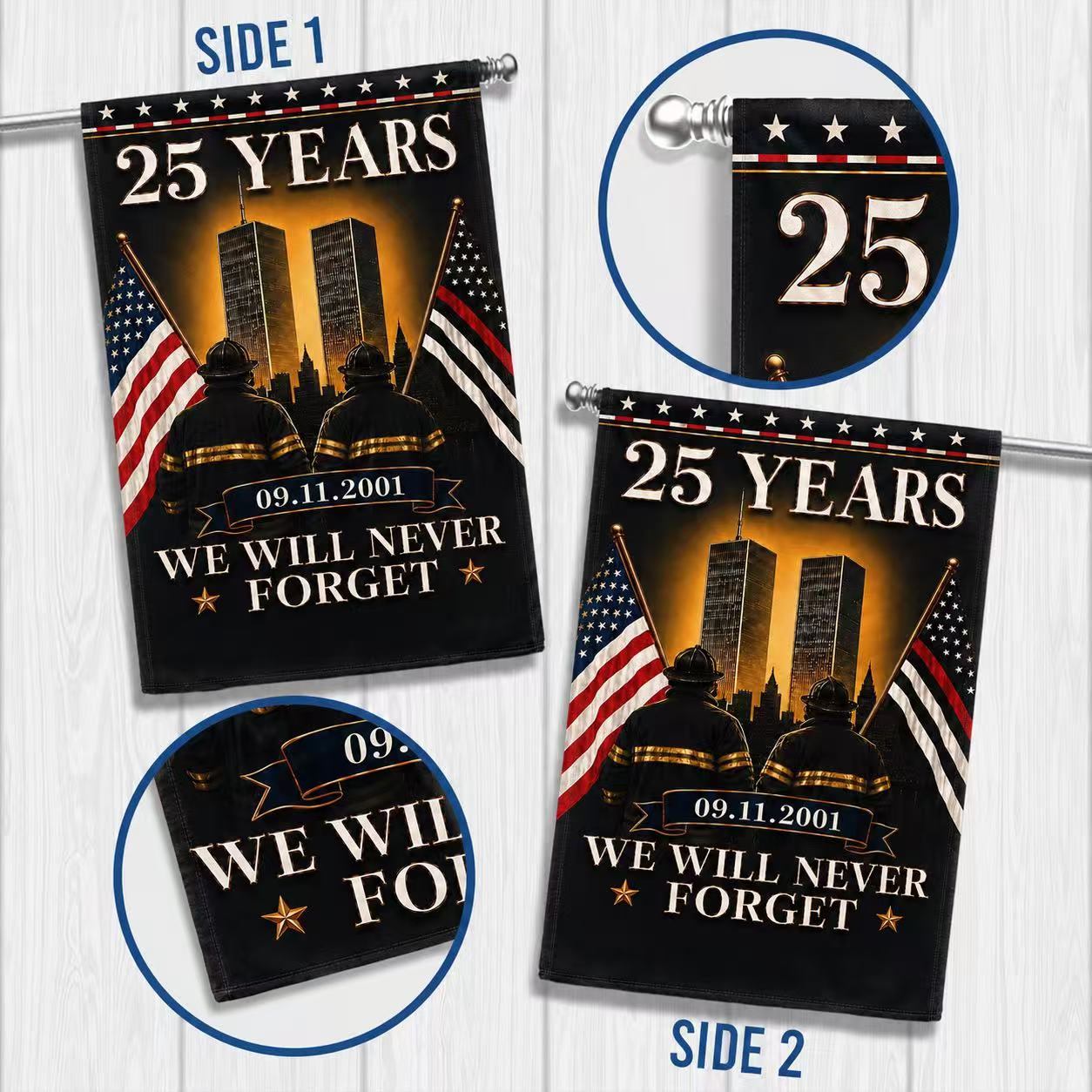 Patriot Day 25th Anniversary 9/11 Memorial Flag – We Will Never Forget Firefighter Tribute