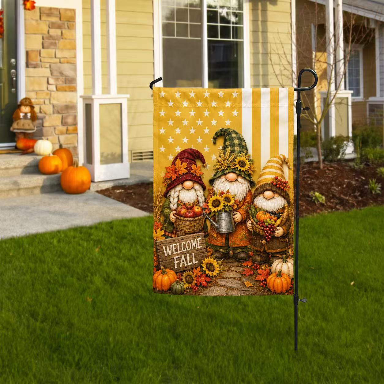 Welcome Fall Harvest Gnome Pumpkin House Flag