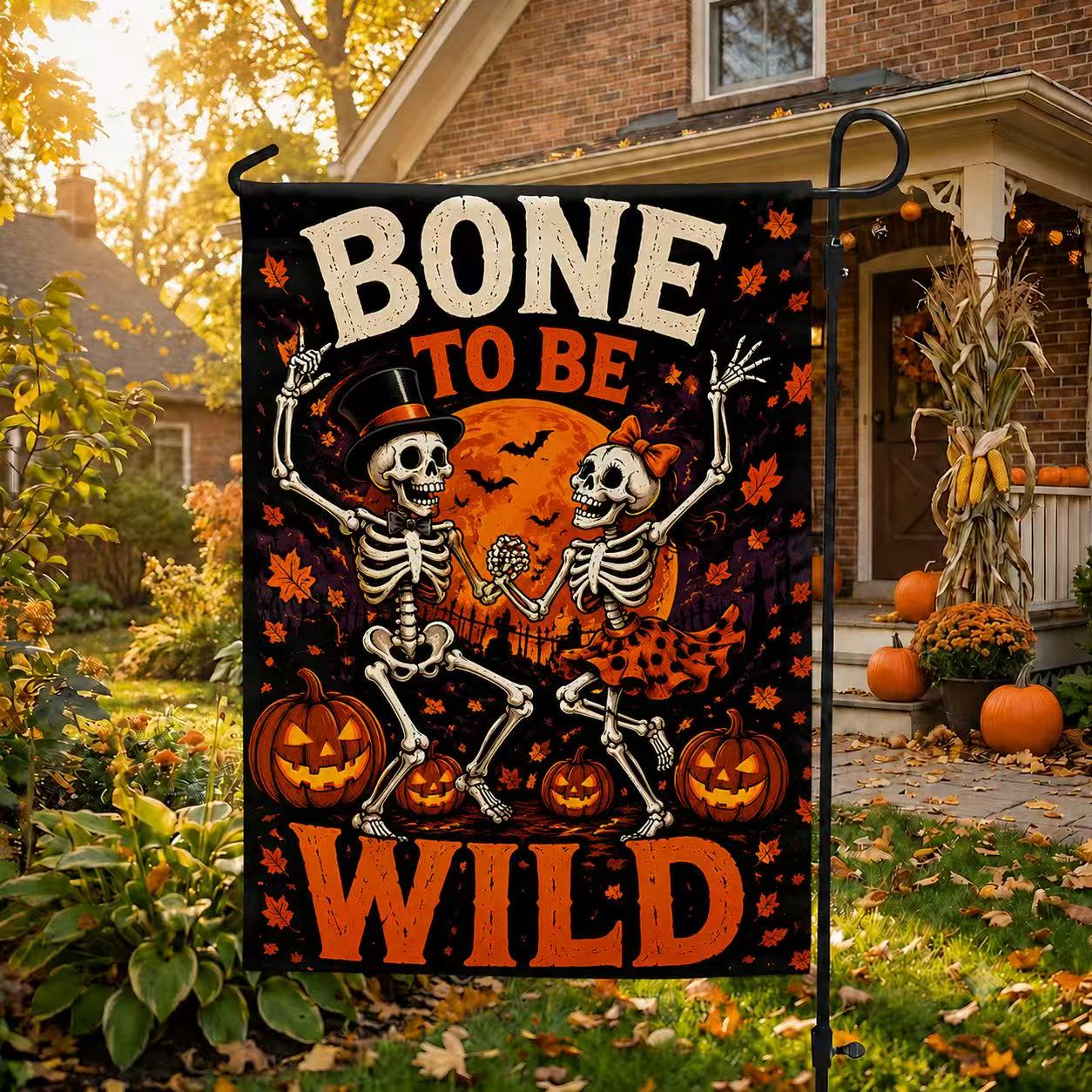 Bone to Be Wild Skeleton Couple Halloween Garden Flag