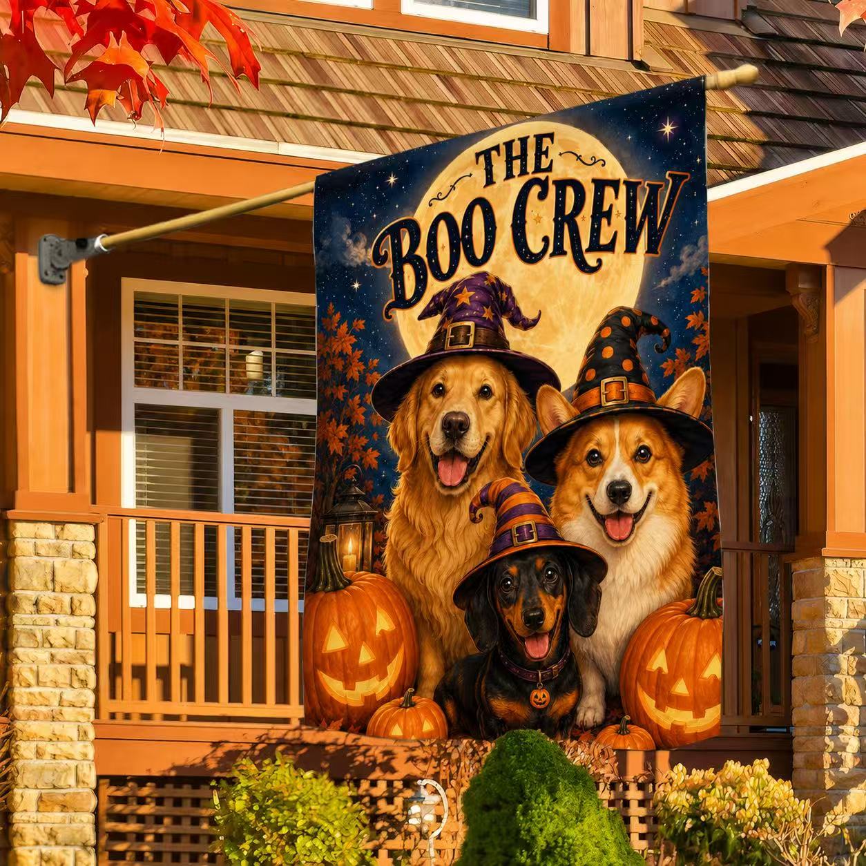Halloween Boo Crew Witch Dogs Pumpkin Garden Flag