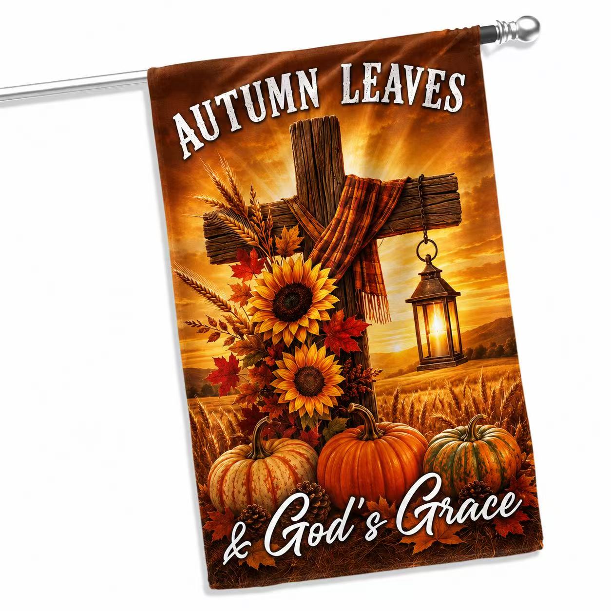 Fall Thanksgiving Christian Cross Flag Autumn Leaves & God’s Grace Pumpkins Harvest Flag