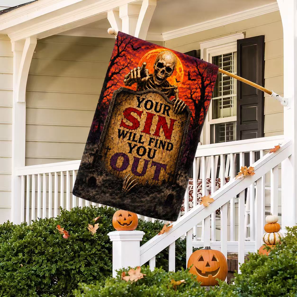 Your Sin Will Find You Out Spooky Skeleton Halloween Garden Flag