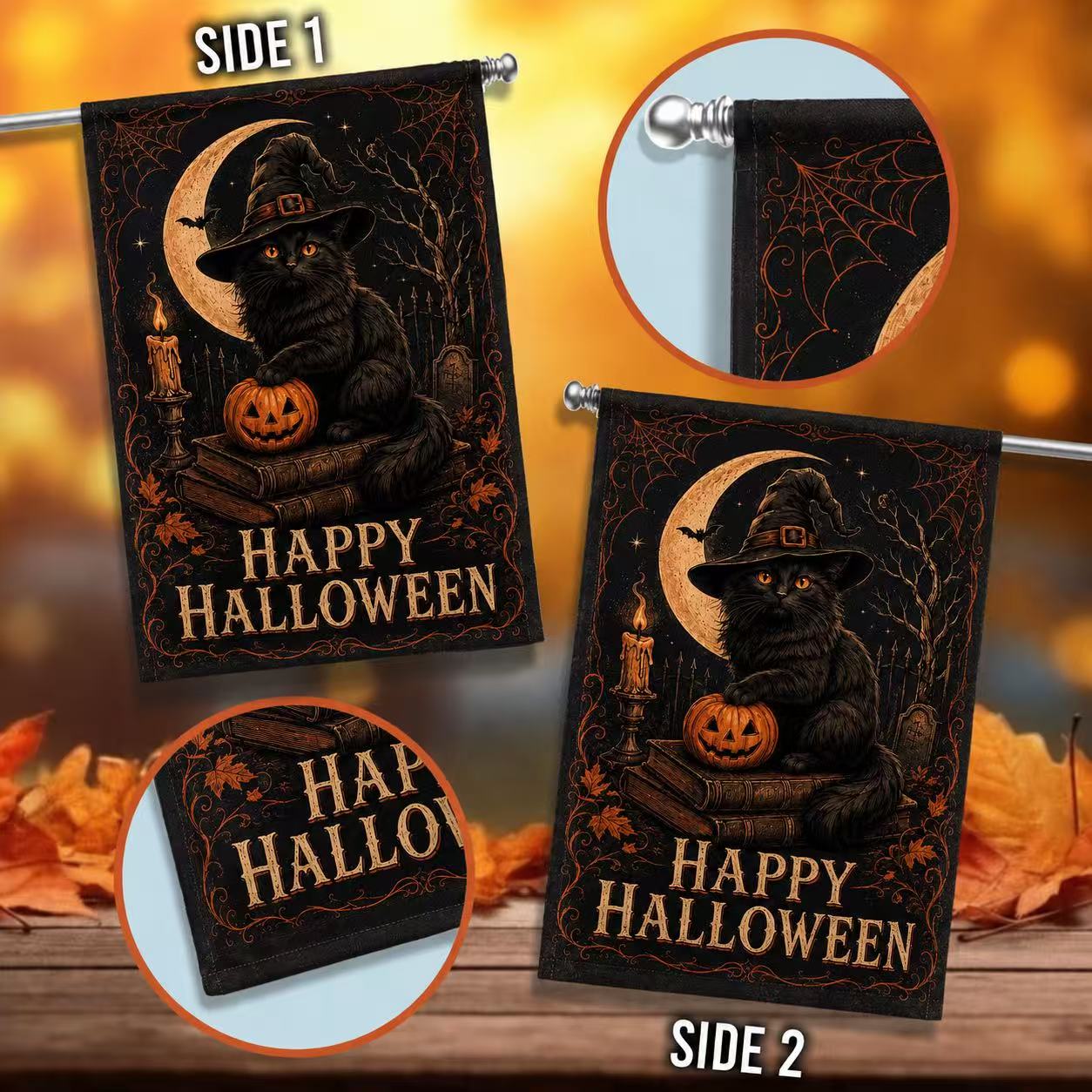 Happy Halloween Black Cat Witch Moonlight House Flag