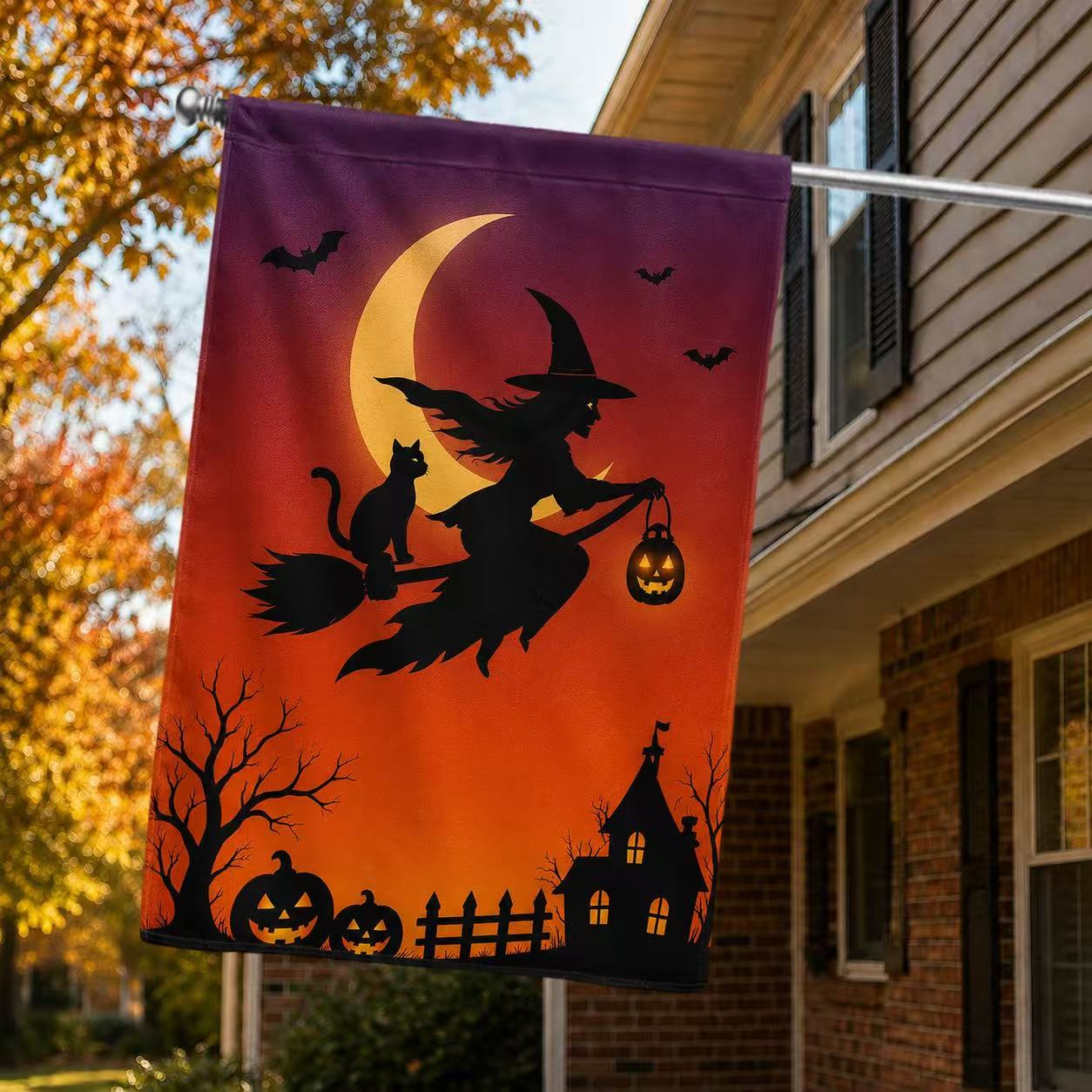 Halloween Witch and Black Cat Moonlight Garden Flag