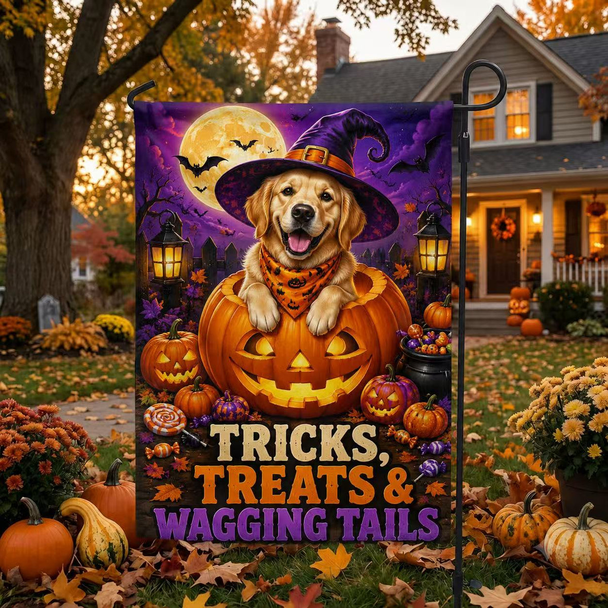 Golden Retriever Pumpkin Halloween Garden Flag