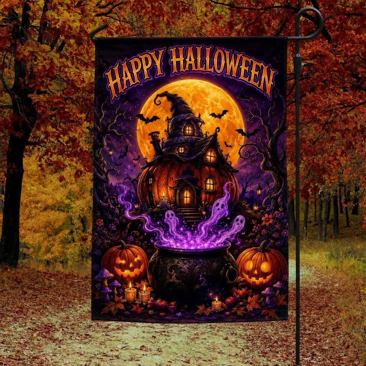Happy Halloween Haunted Pumpkin House Ghost Cauldron Garden Flag