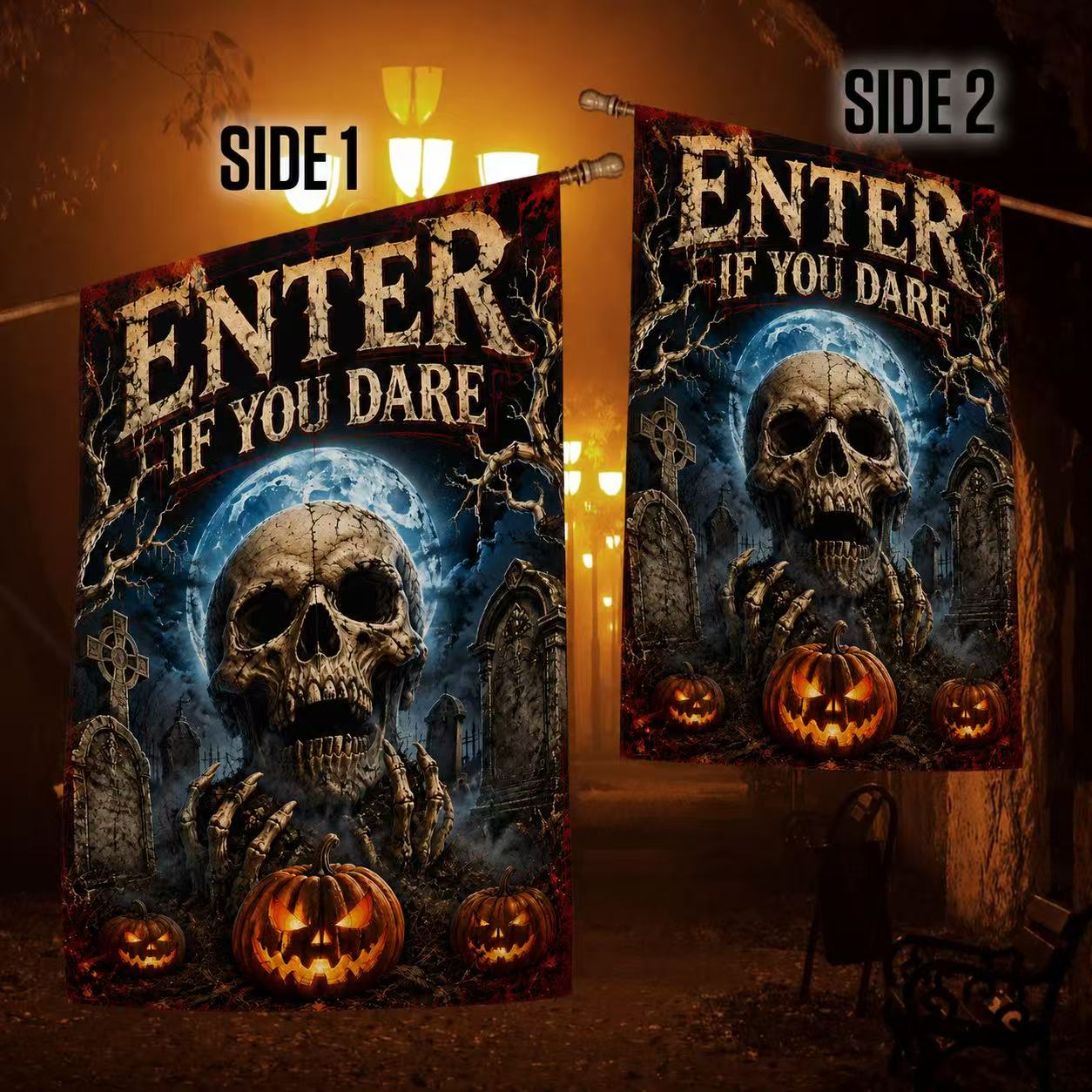Halloween Enter If You Dare Skull Graveyard Pumpkin Garden Flag