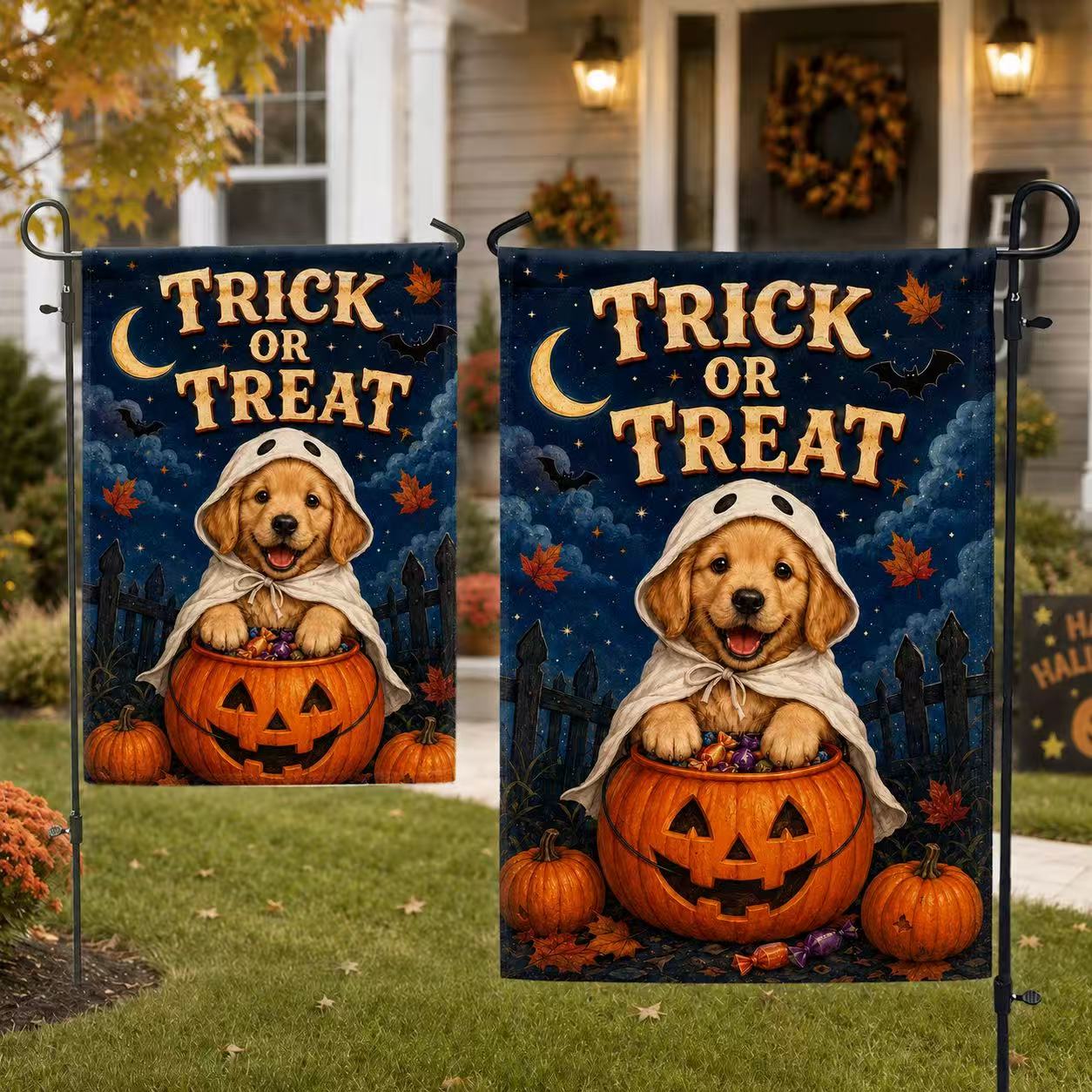 Cute Golden Retriever Trick or Treat Halloween Garden Flag