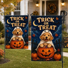 Cute Golden Retriever Trick or Treat Halloween Garden Flag