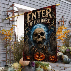 Halloween Enter If You Dare Skull Graveyard Pumpkin Garden Flag