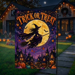 Halloween Trick or Treat Flying Witch Full Moon Garden Flag
