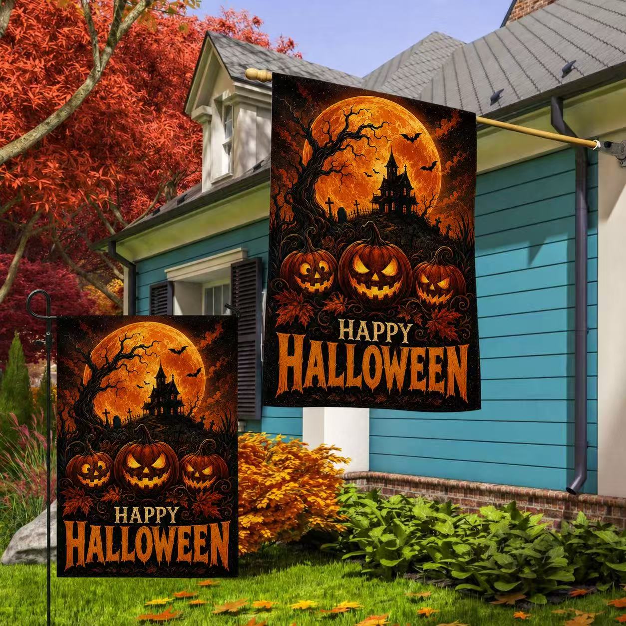 Happy Halloween Jack-o’-Lantern Haunted House Full Moon Garden Flag