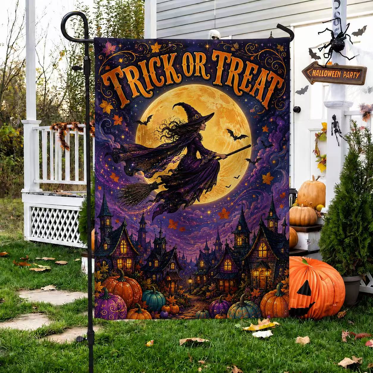 Halloween Trick or Treat Flying Witch Full Moon Garden Flag