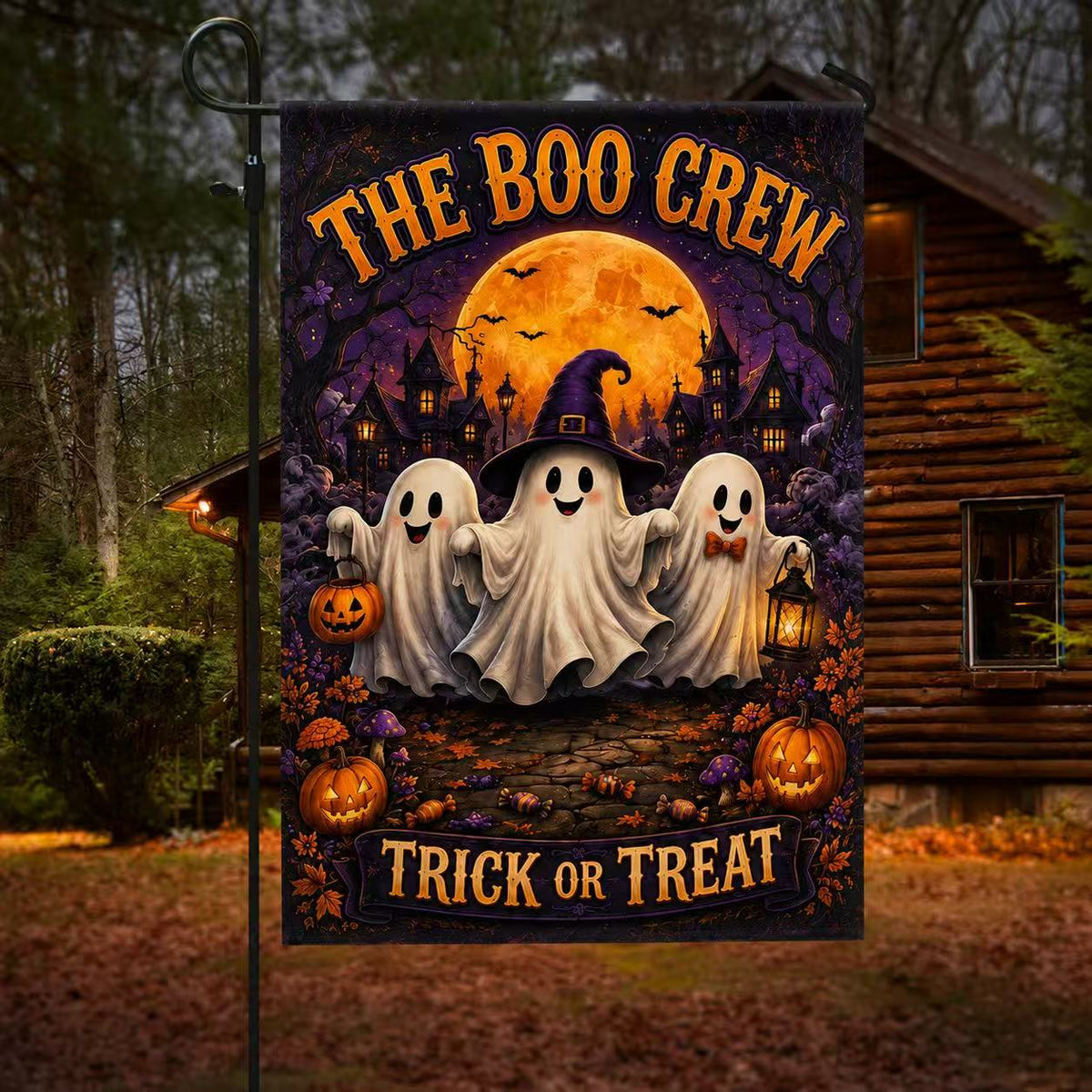 The Boo Crew Cute Ghosts Trick or Treat Halloween Garden Flag