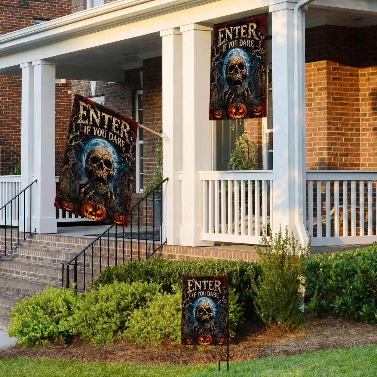 Halloween Enter If You Dare Skull Graveyard Pumpkin Garden Flag
