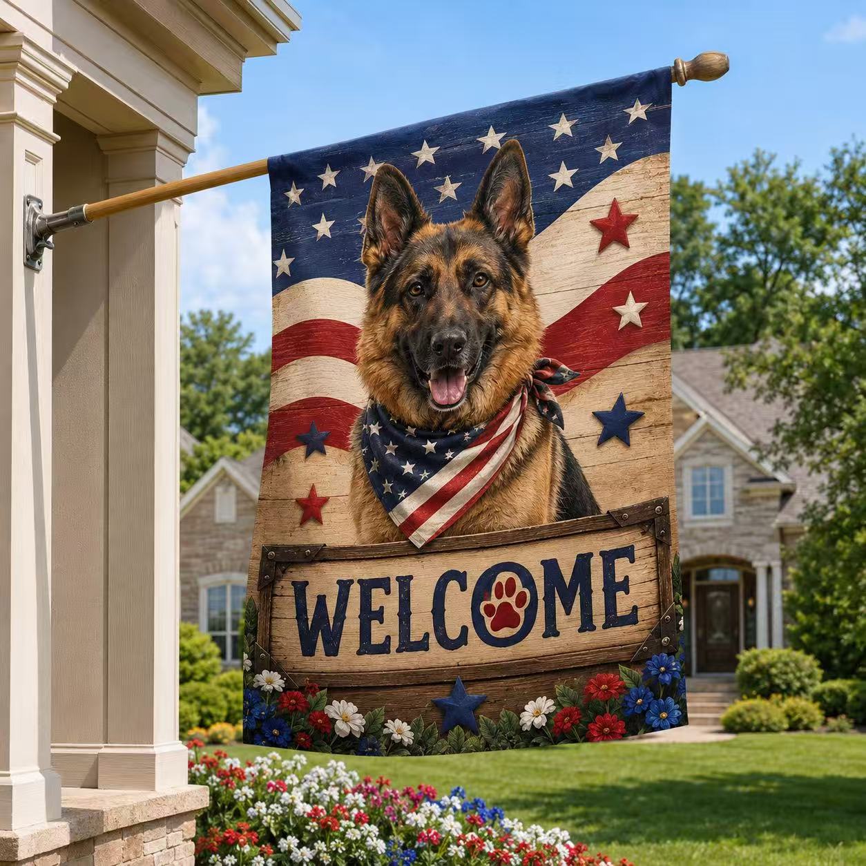 German Shepherd Patriotic Welcome Flag