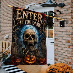 Halloween Enter If You Dare Skull Graveyard Pumpkin Garden Flag