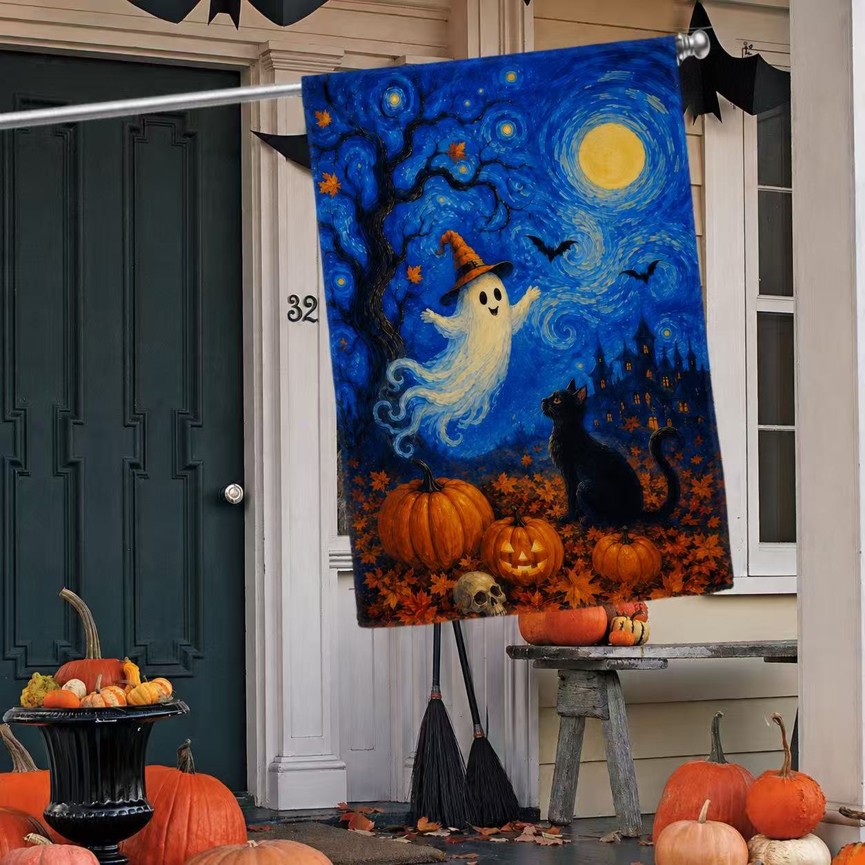 Halloween Starry Night Ghost Black Cat Pumpkin Garden Flag
