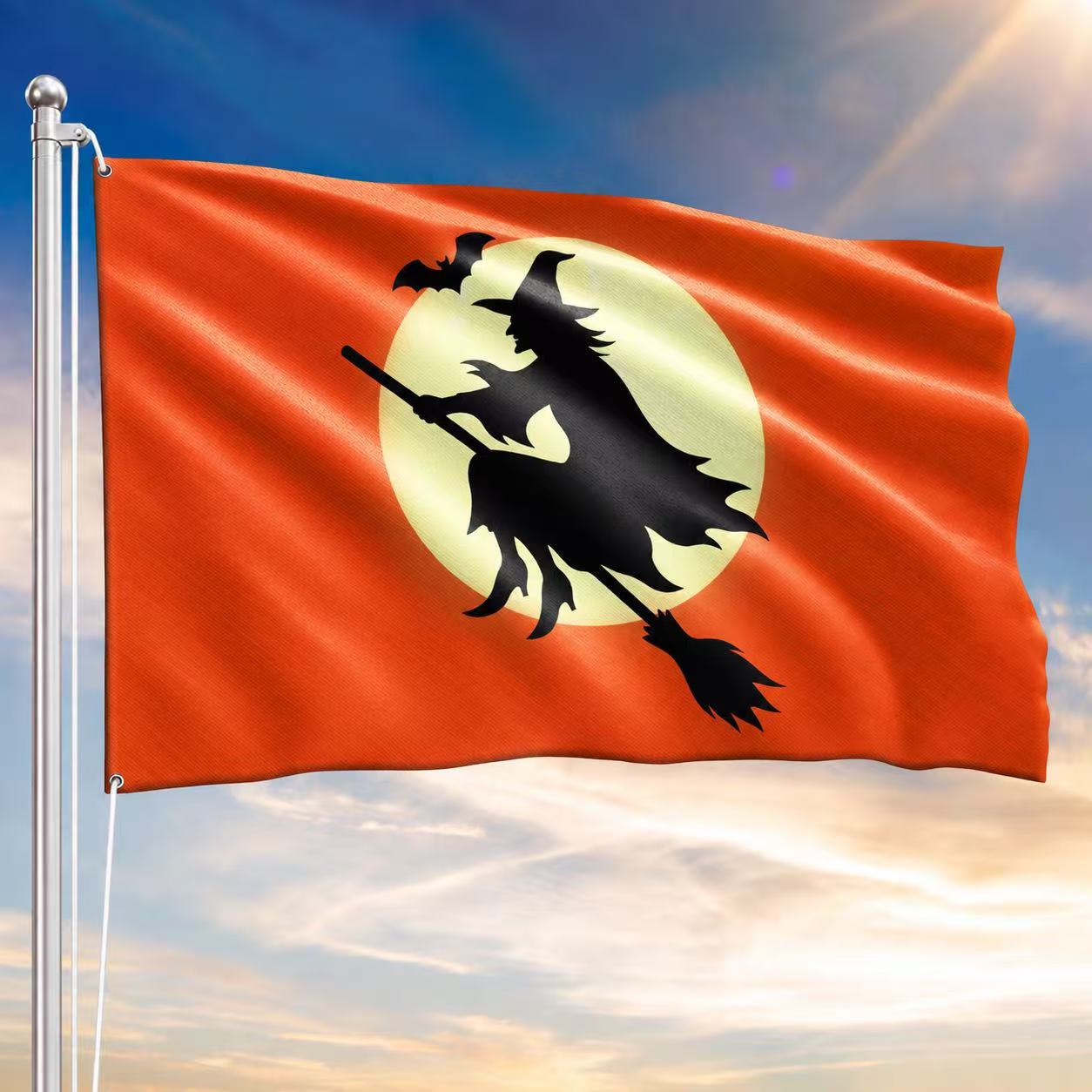 Halloween Witch Flag, Spooky Full Moon Flying Witch Grommet Flag