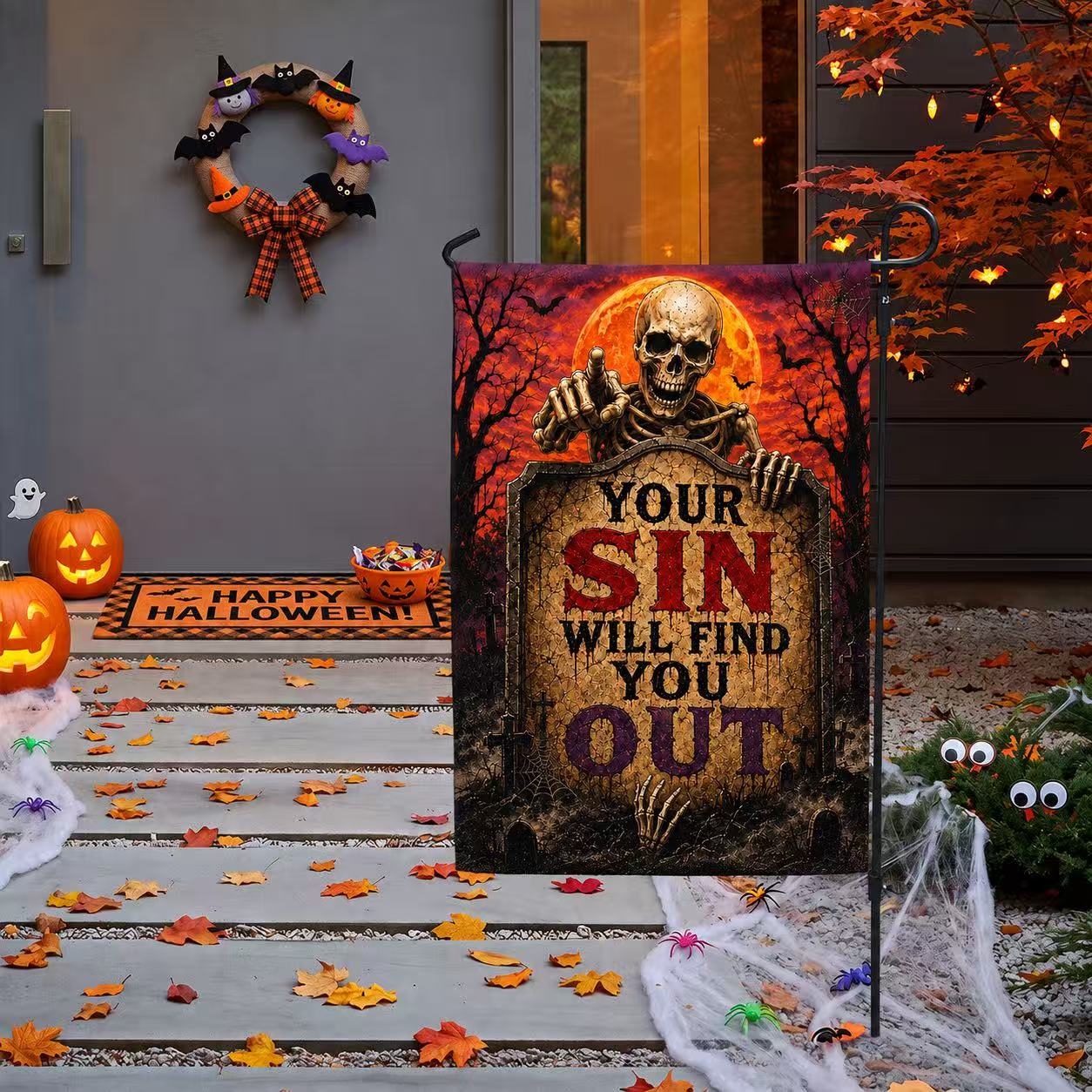 Your Sin Will Find You Out Spooky Skeleton Halloween Garden Flag