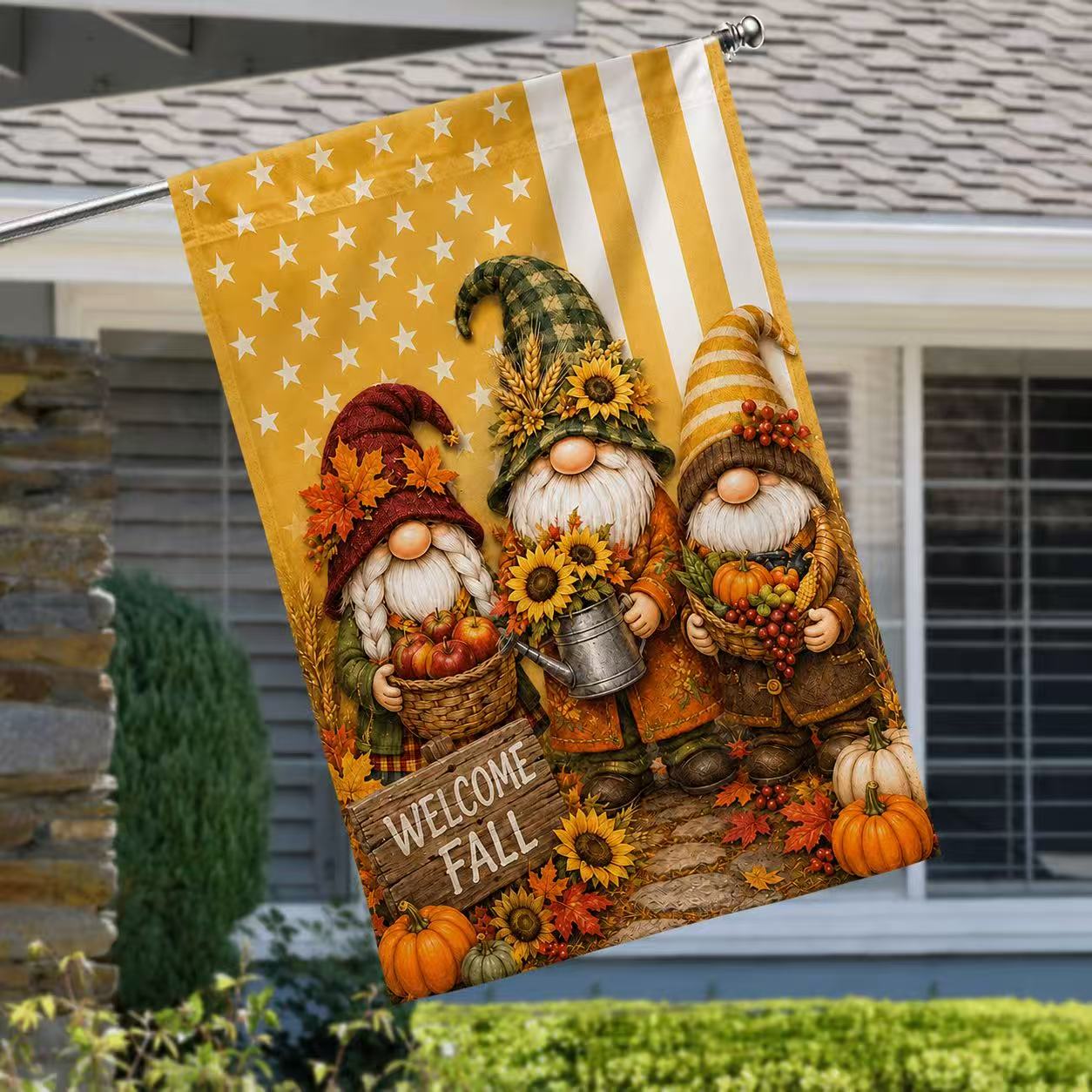 Welcome Fall Harvest Gnome Pumpkin House Flag