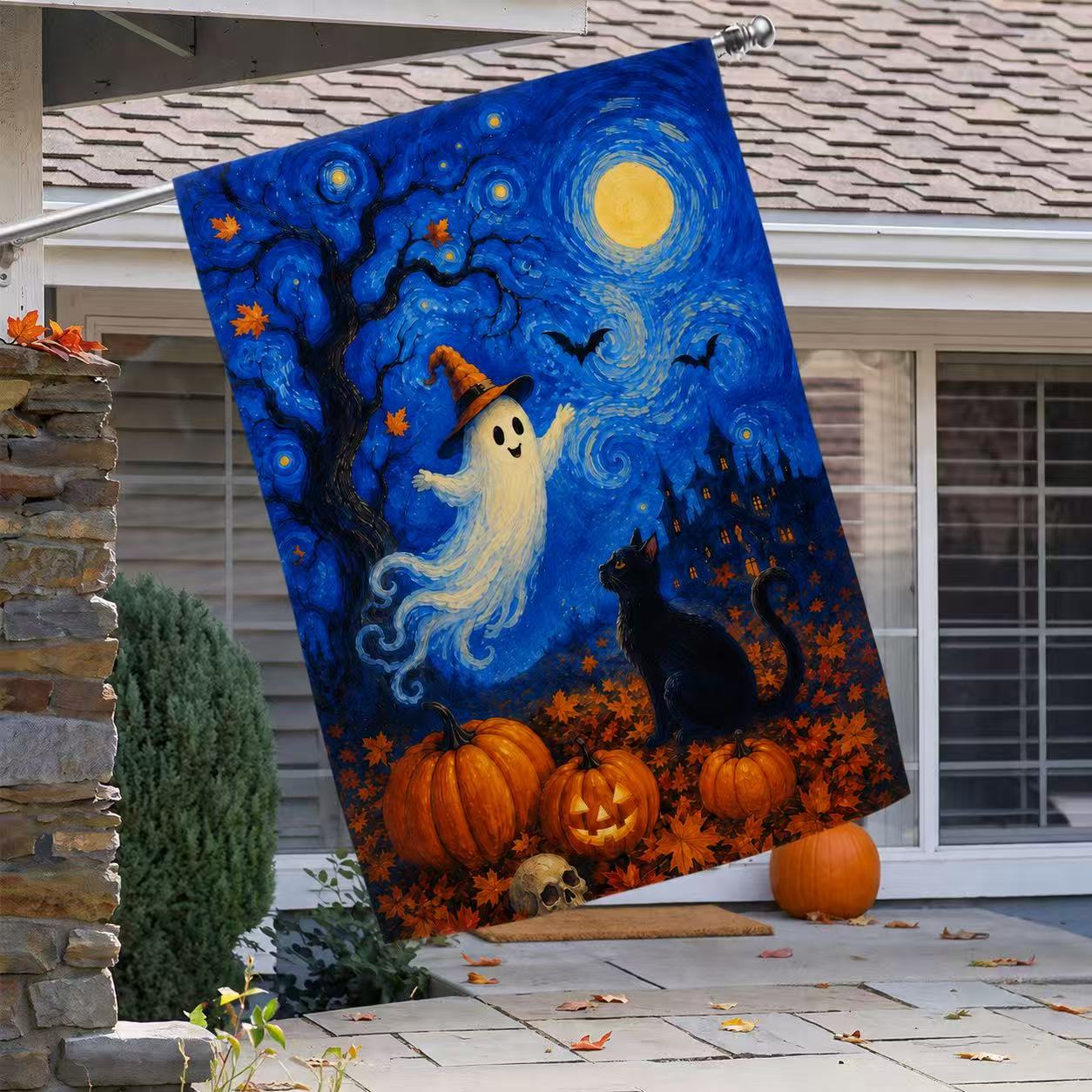 Halloween Starry Night Ghost Black Cat Pumpkin Garden Flag