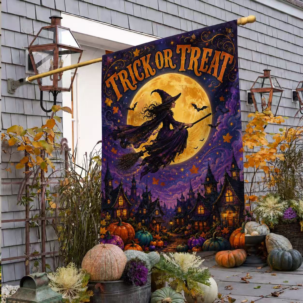 Halloween Trick or Treat Flying Witch Full Moon Garden Flag