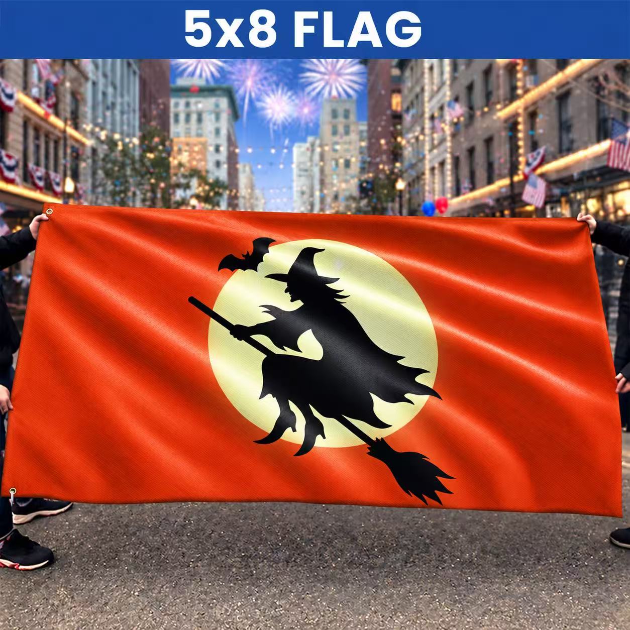 Halloween Witch Flag, Spooky Full Moon Flying Witch Grommet Flag