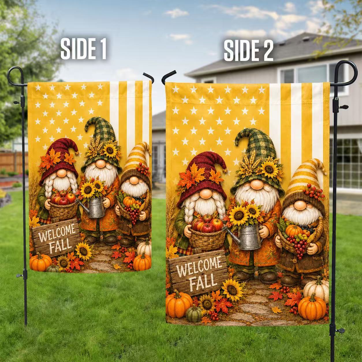 Welcome Fall Harvest Gnome Pumpkin House Flag