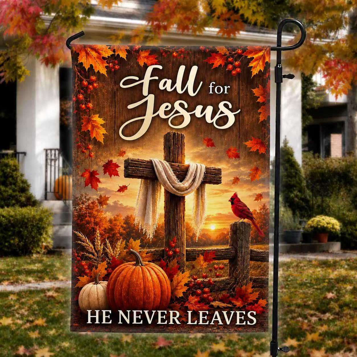 Fall For Jesus He Never Leaves Autumn Maple Leaf Cross Christian US Flag