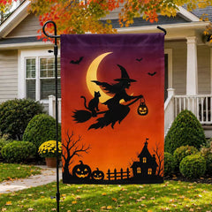Halloween Witch and Black Cat Moonlight Garden Flag
