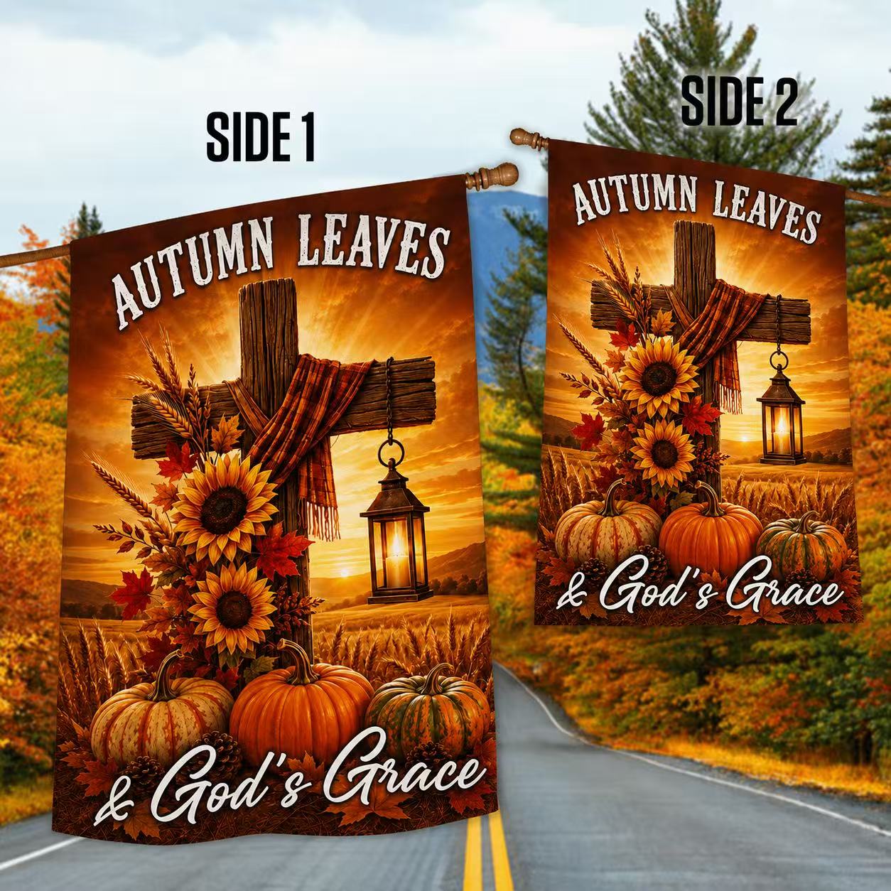 Fall Thanksgiving Christian Cross Flag Autumn Leaves & God’s Grace Pumpkins Harvest Flag