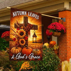 Fall Thanksgiving Christian Cross Flag Autumn Leaves & God’s Grace Pumpkins Harvest Flag
