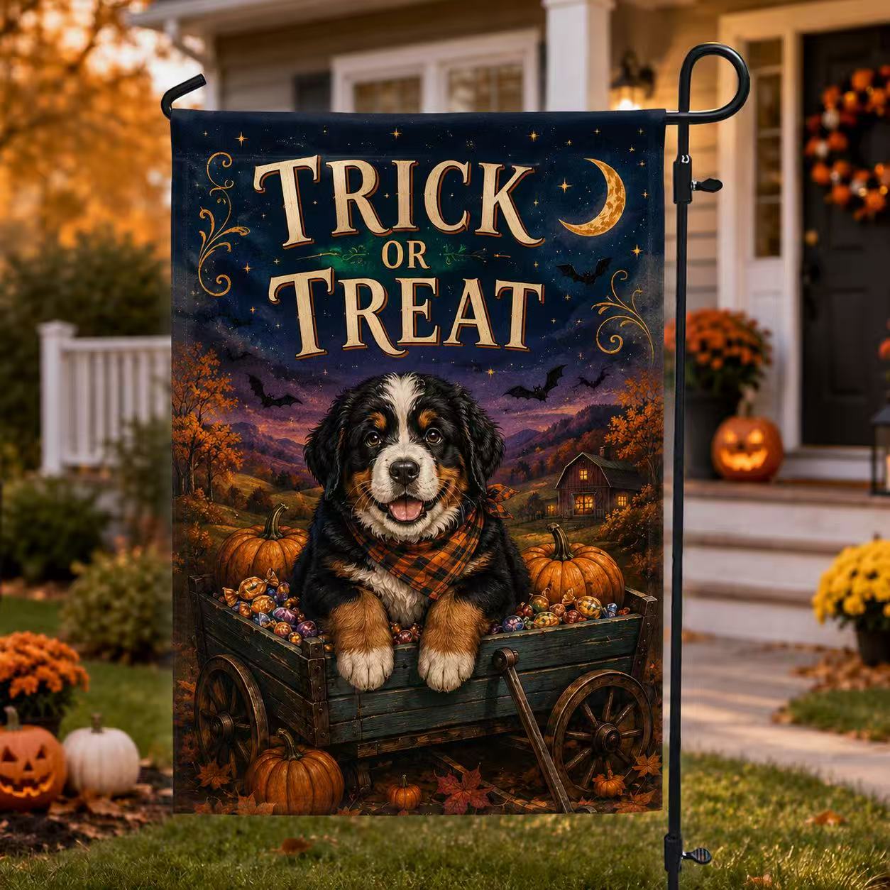 Trick or Treat Bernese Mountain Dog Halloween Garden Flag