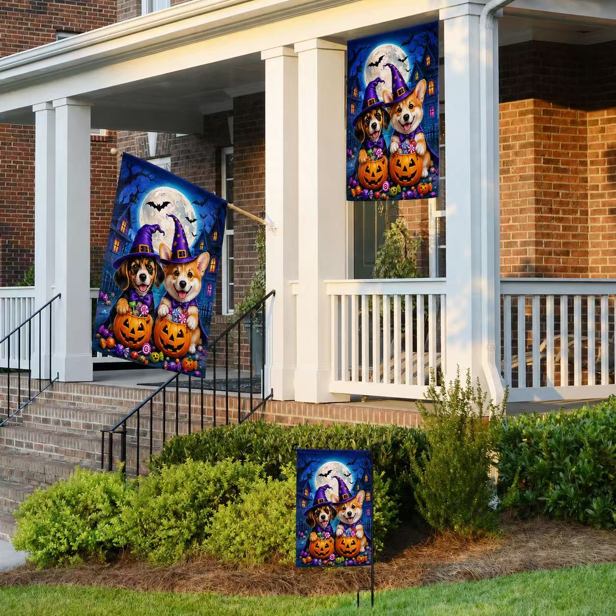 Halloween Cute Witch Dogs Pumpkin Candy Full Moon Garden Flag