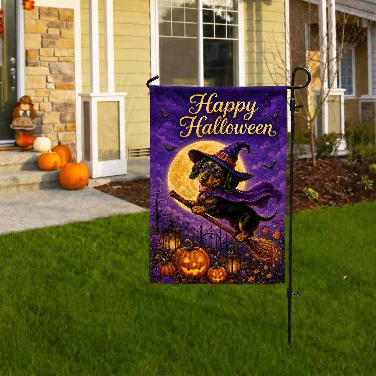 Happy Halloween Witch Dachshund Pumpkin Garden Flag
