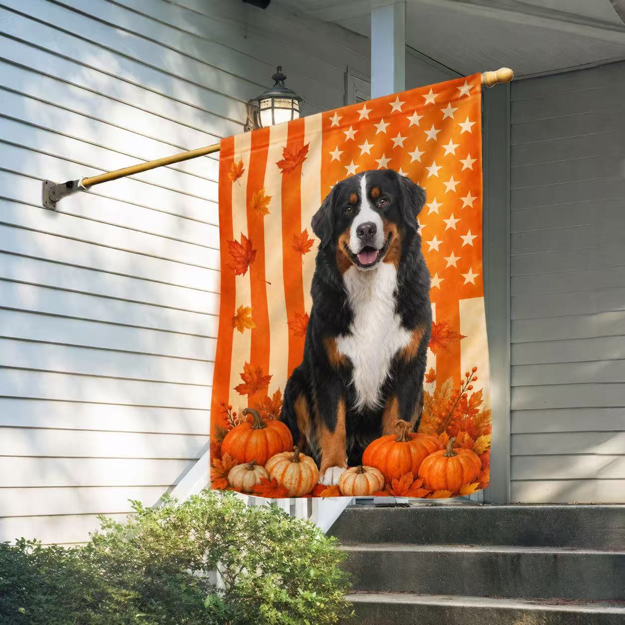 Bernese Mountain Dog Welcome Fall Pumpkins American Flag for Fall Decoration