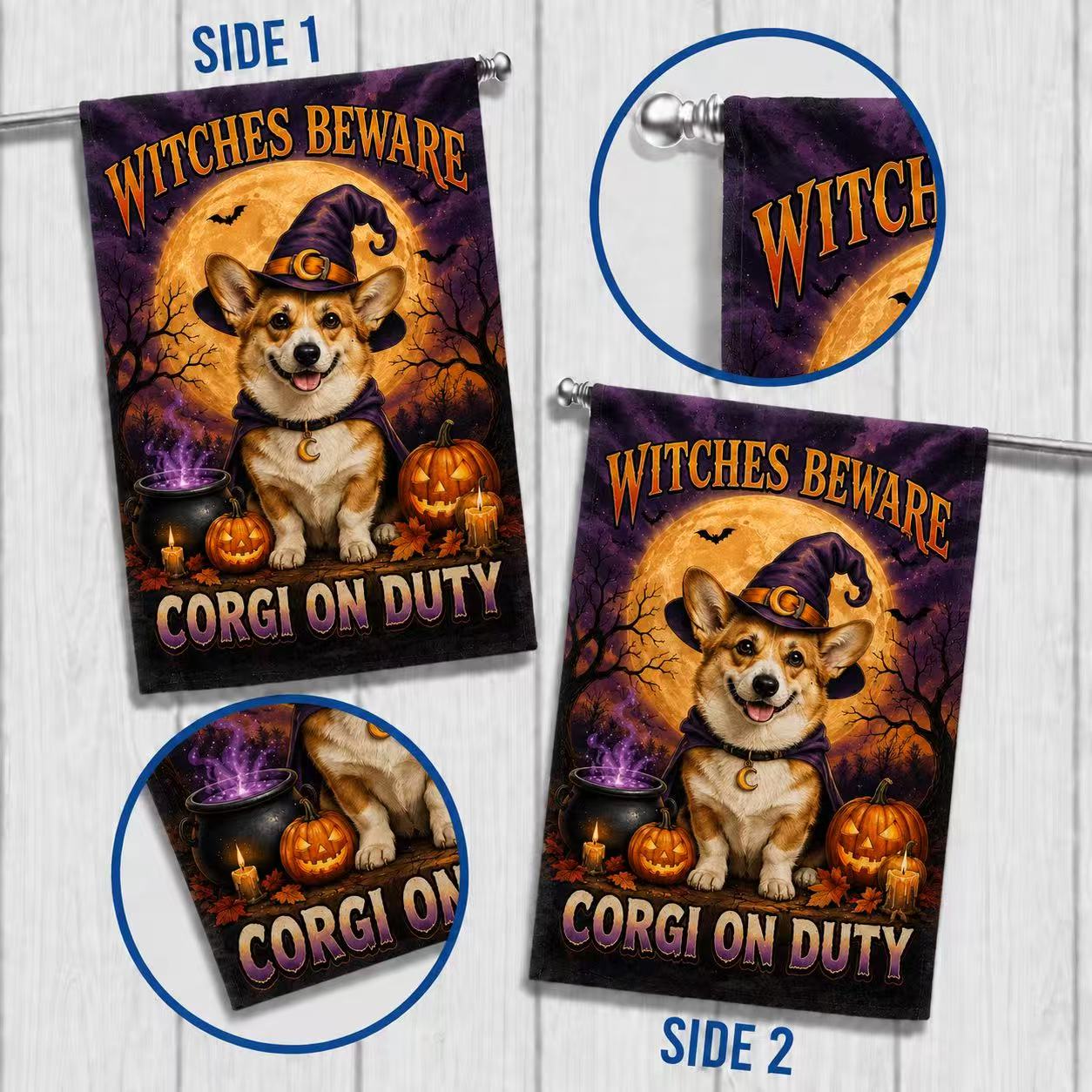 Witches Beware Corgi on Duty Halloween Garden Flag