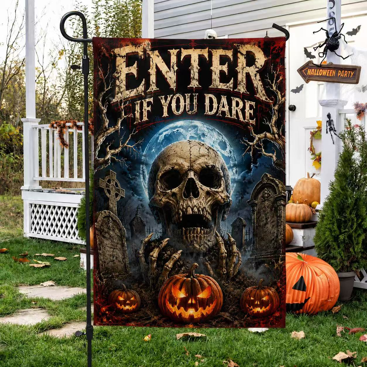 Halloween Enter If You Dare Skull Graveyard Pumpkin Garden Flag