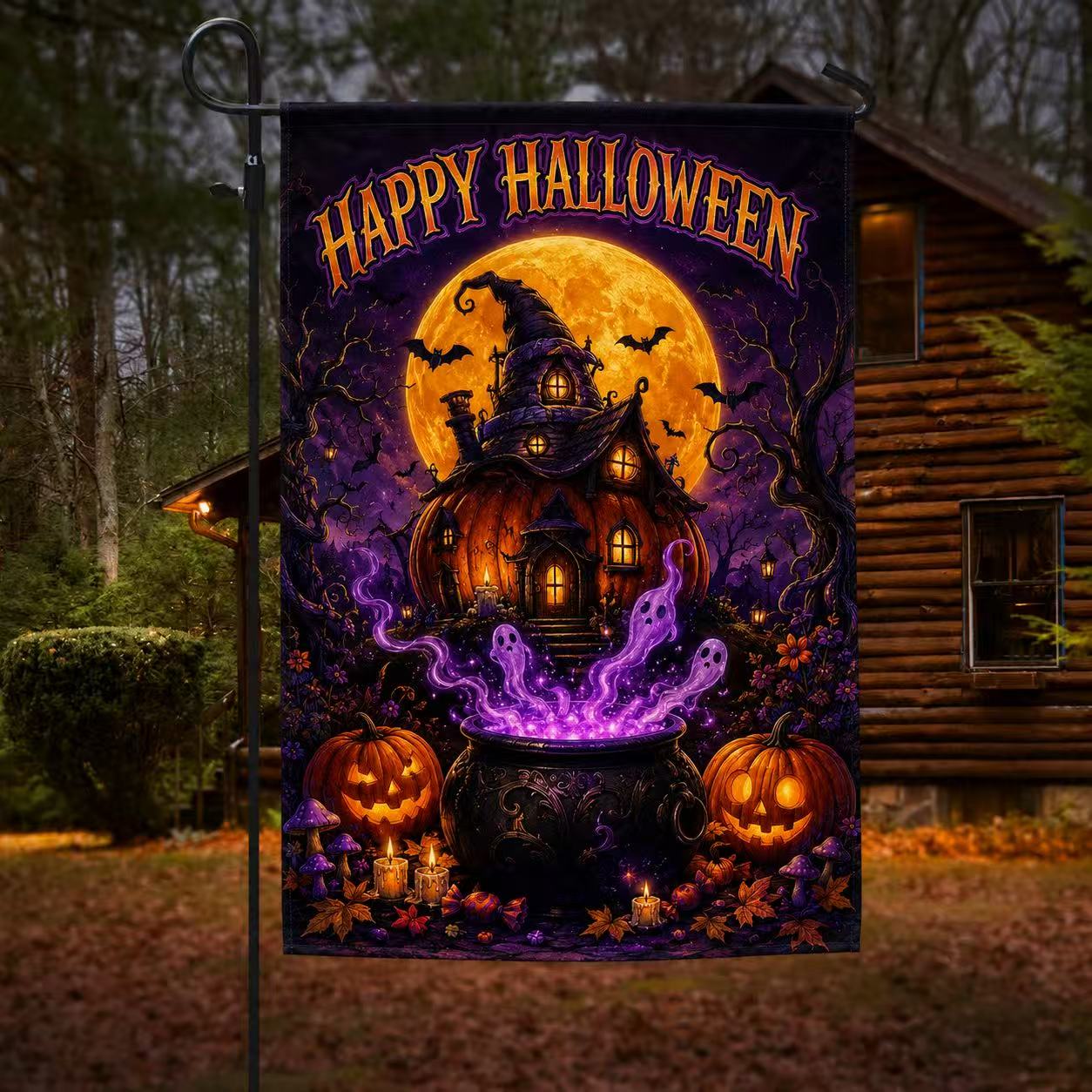Happy Halloween Haunted Pumpkin House Ghost Cauldron Garden Flag