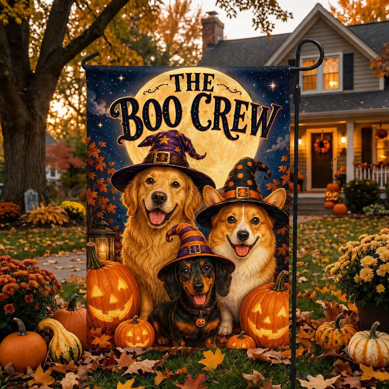 Halloween Boo Crew Witch Dogs Pumpkin Garden Flag