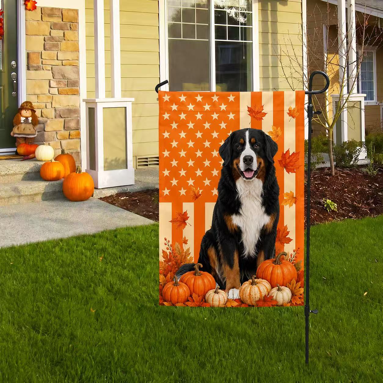 Bernese Mountain Dog Welcome Fall Pumpkins American Flag for Fall Decoration
