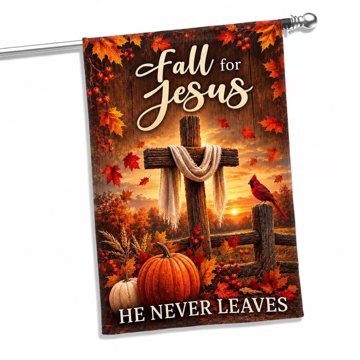 Fall For Jesus He Never Leaves Autumn Maple Leaf Cross Christian US Flag