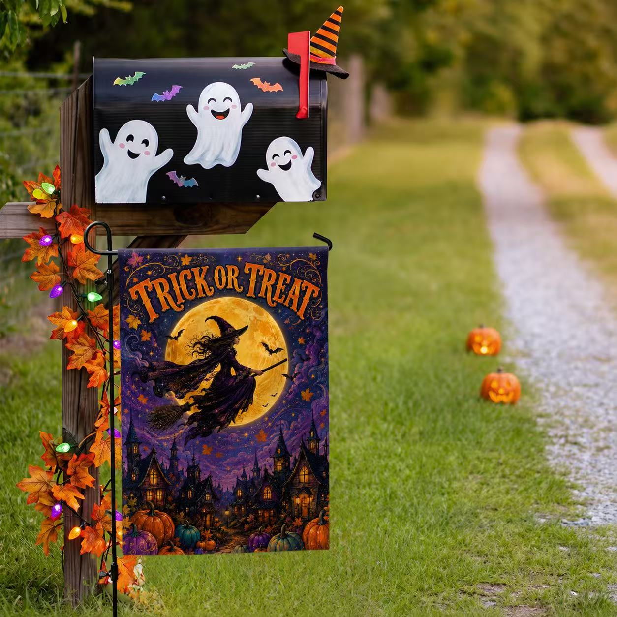 Halloween Trick or Treat Flying Witch Full Moon Garden Flag
