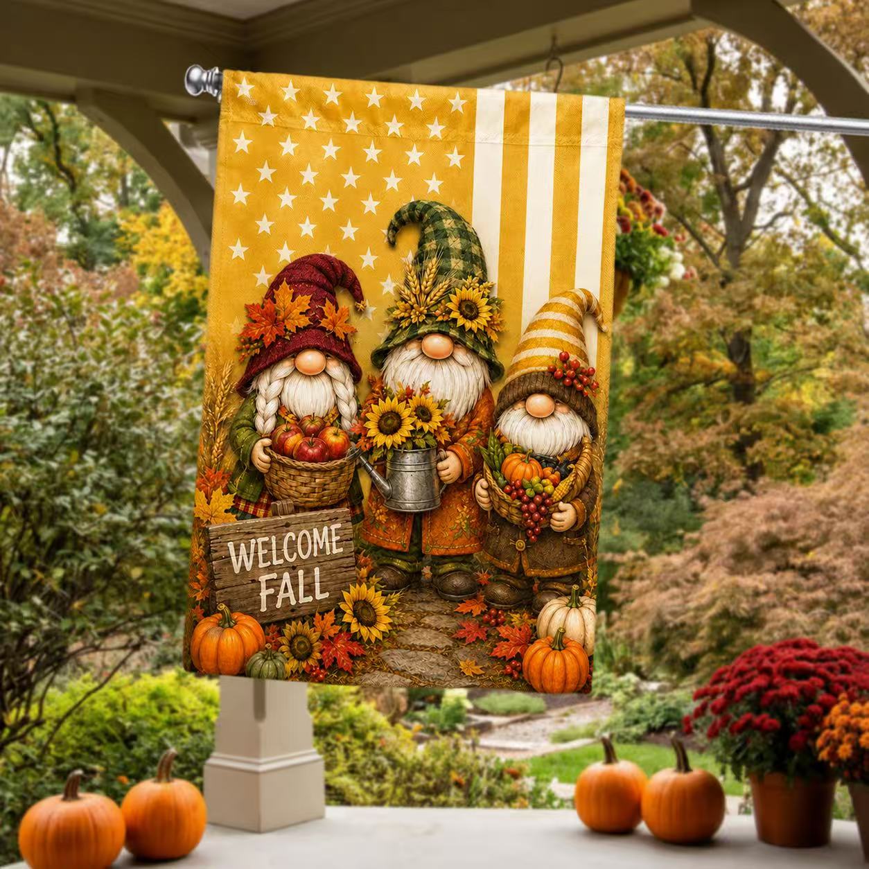 Welcome Fall Harvest Gnome Pumpkin House Flag
