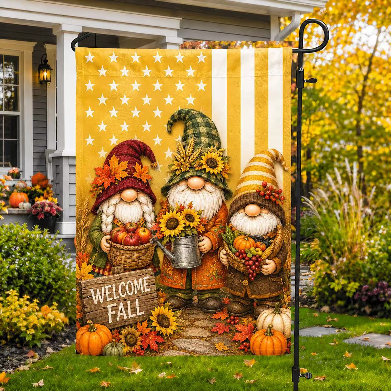 Welcome Fall Harvest Gnome Pumpkin House Flag