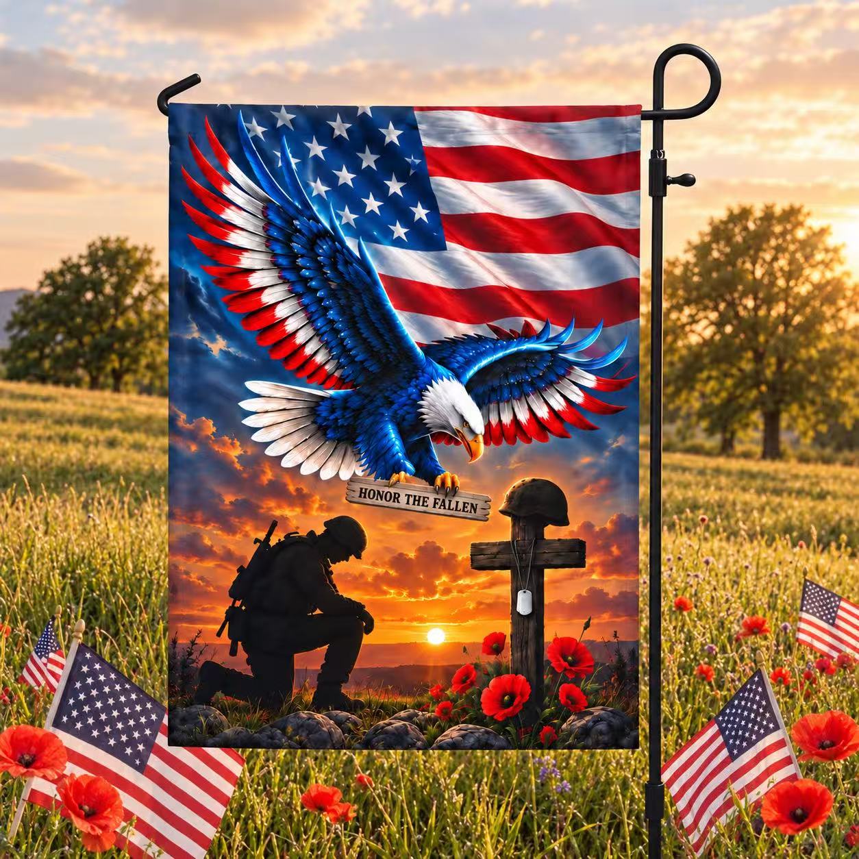Veterans Day Flag. Veteran Kneeling Soldier Christian Cross We The People Flag